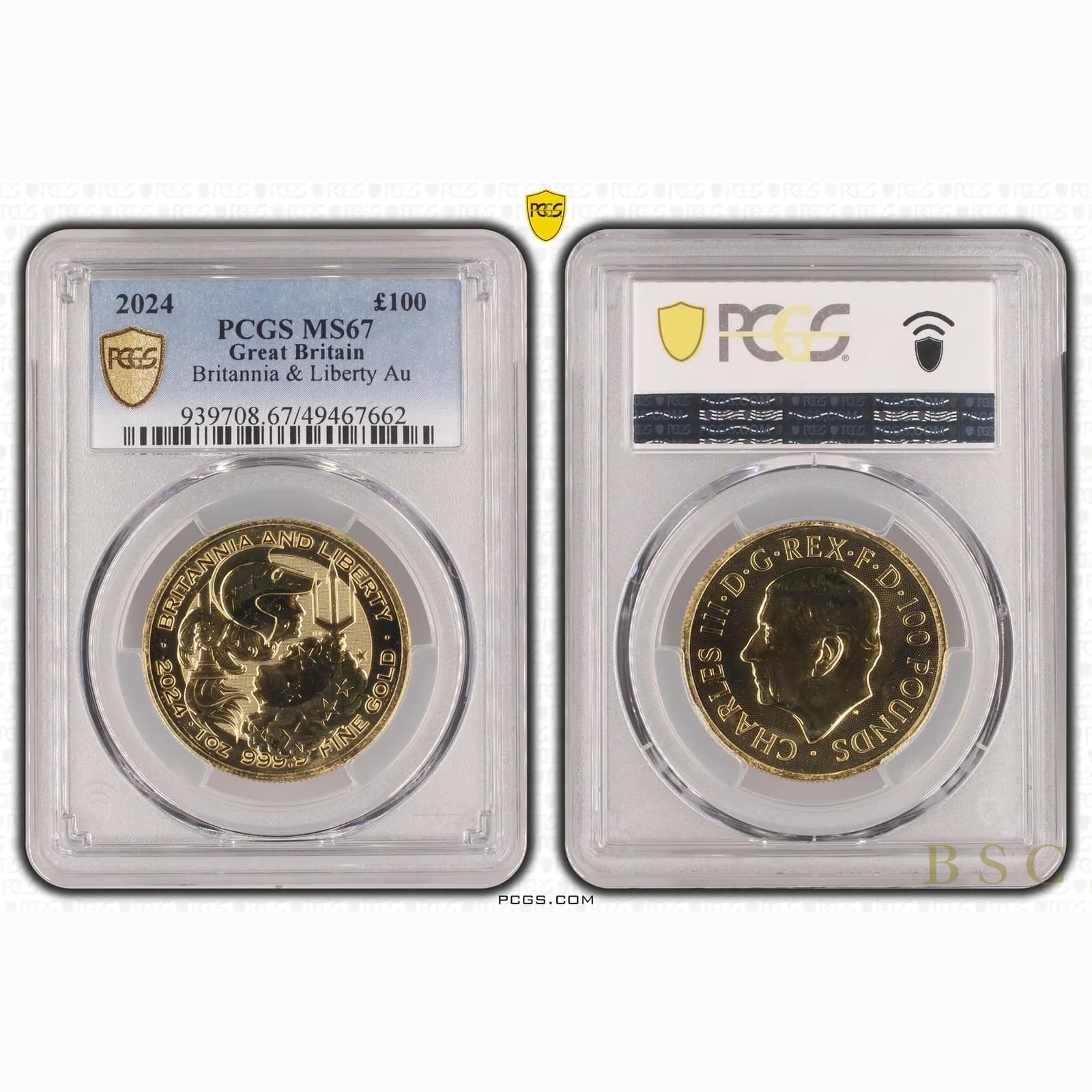 Gold Britannia and Liberty coin in protective slab