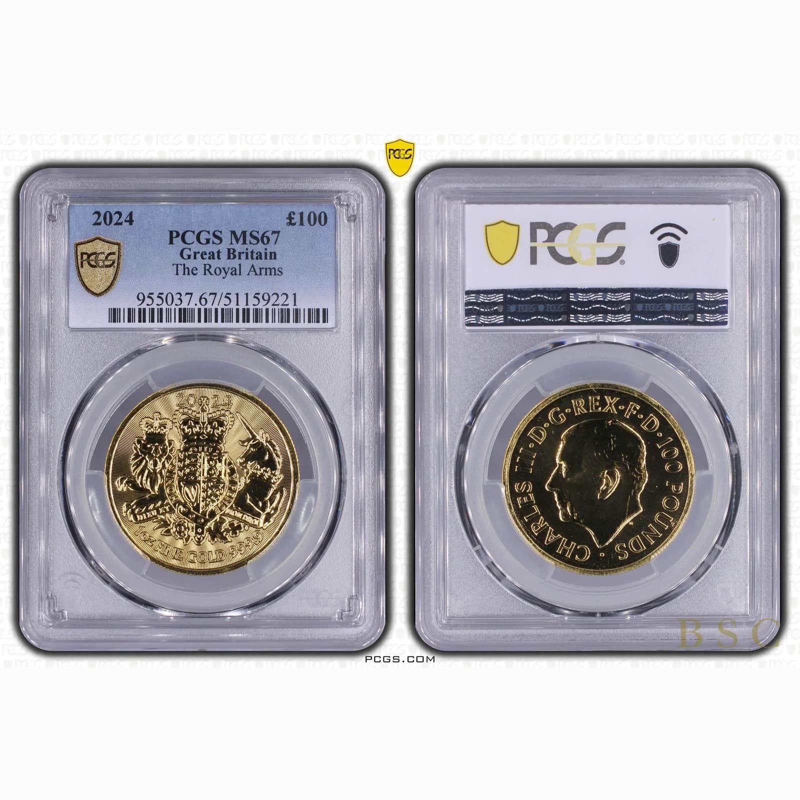 Gold Royal Arms coin in protective slab